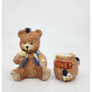 Russ Berrie Bear and Honeypot Salt & Pepper Shakers Set Ceramic Brown 3.25 in